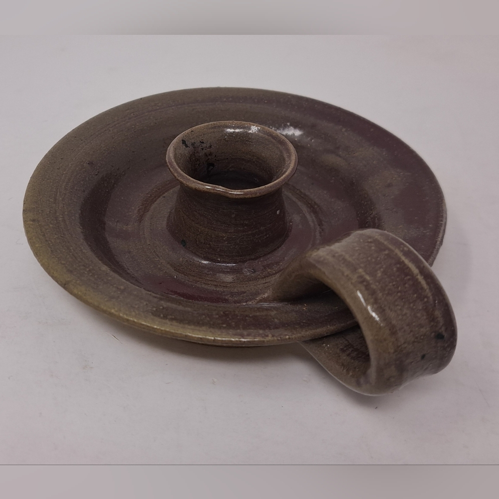 Vintage Candle Holder Candlestick Finger Loop Drip Bowl Signed Ceramic Pottery - Picture 8 of 11